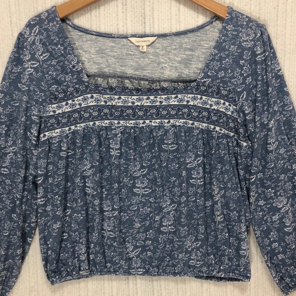 Lucky Brand Blue Floral Square Neckβ Peasant Top 3/4 Sleeve Size Medium RN 80318